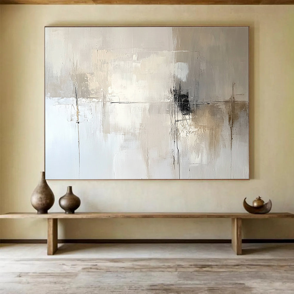 Large abstract painting in soft tones features a neutral color palette against a calming background, perfect for enhancing any space with artistic elegance.SC291