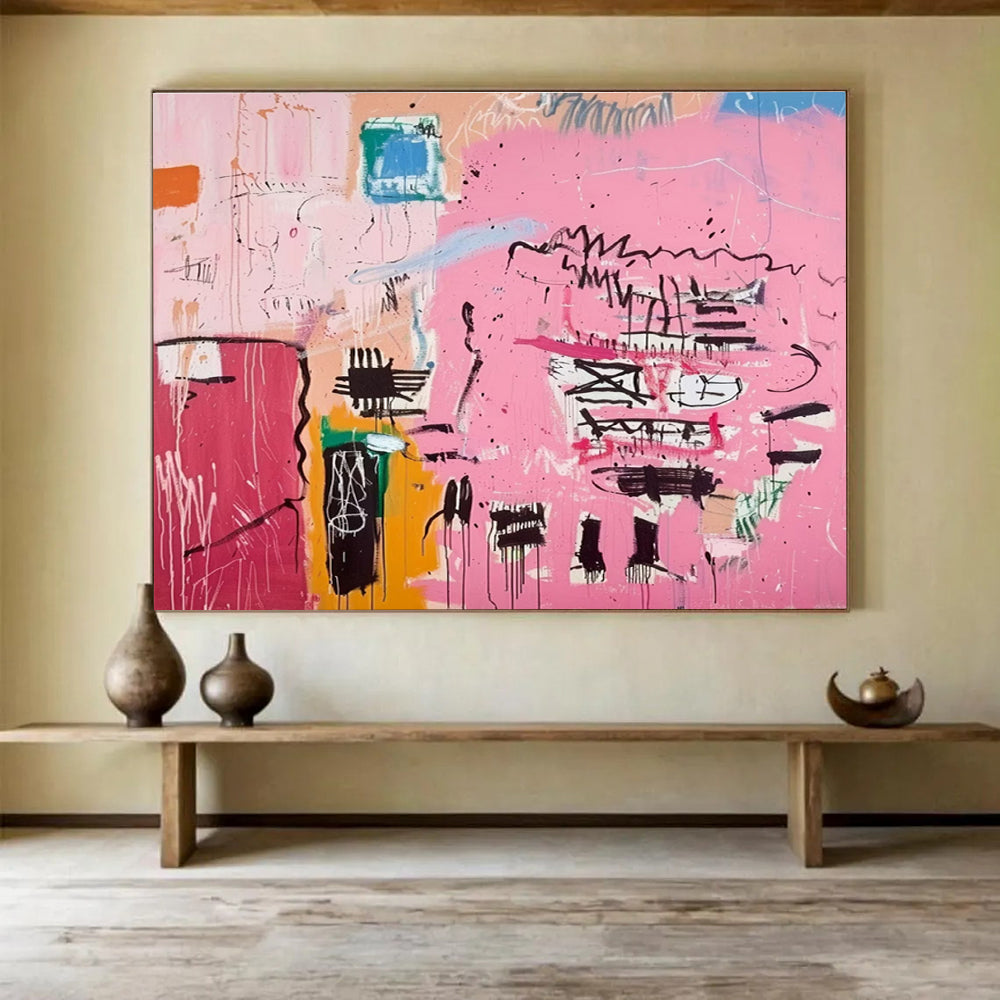 Pink Abstract Graffiti Painting with Pink, Black, and Colorful Doodles THY198