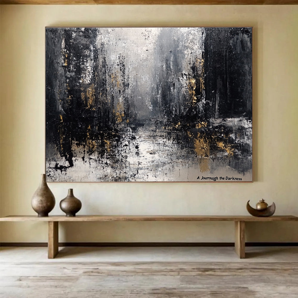 A large abstract painting featuring a grey and black palette with industrial buildings blurred under a gloomy sky and raindrops evoking desolation.SC286
