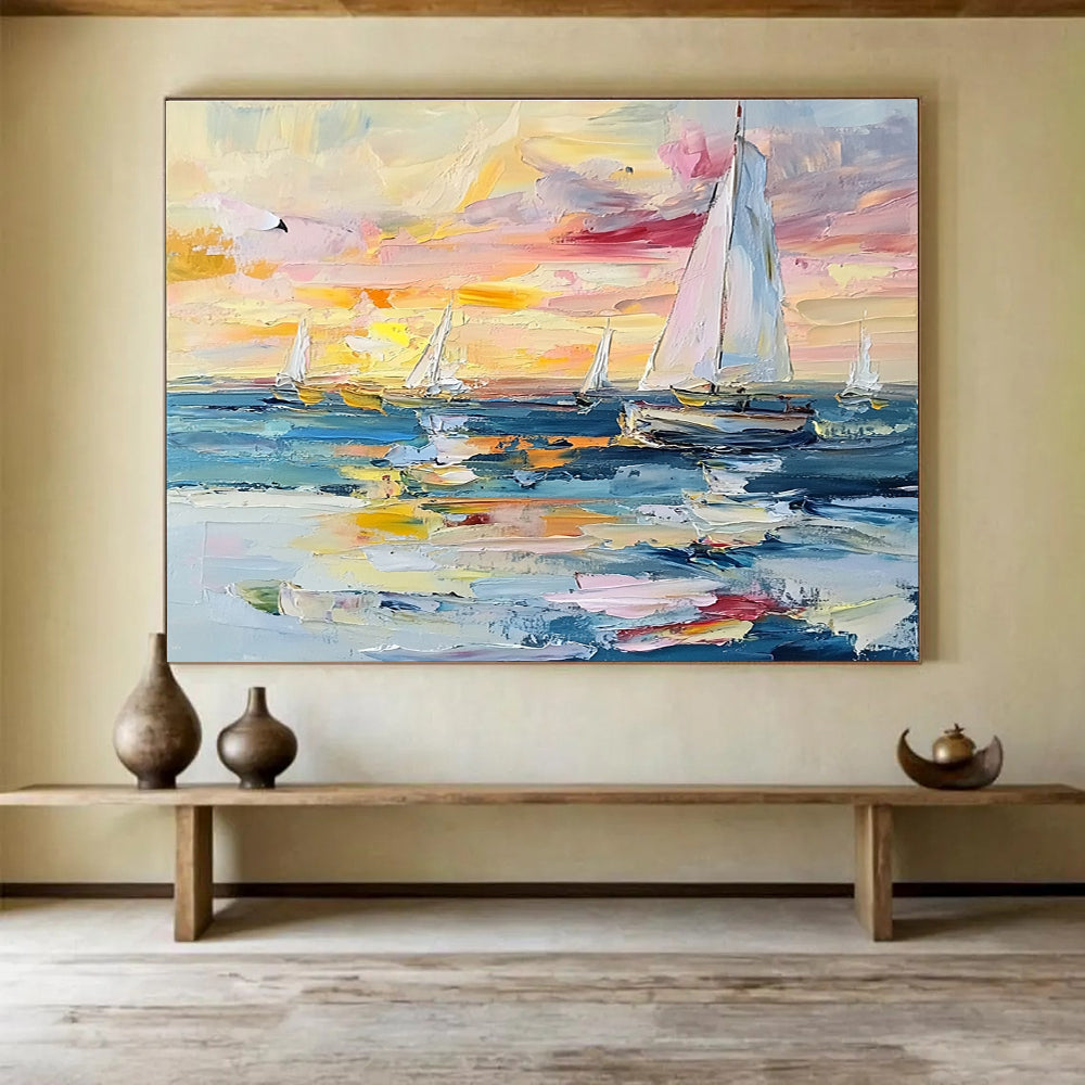 Sailboats at Sunset Colorful Abstract Painting with Vivid Sky Hues DYP603