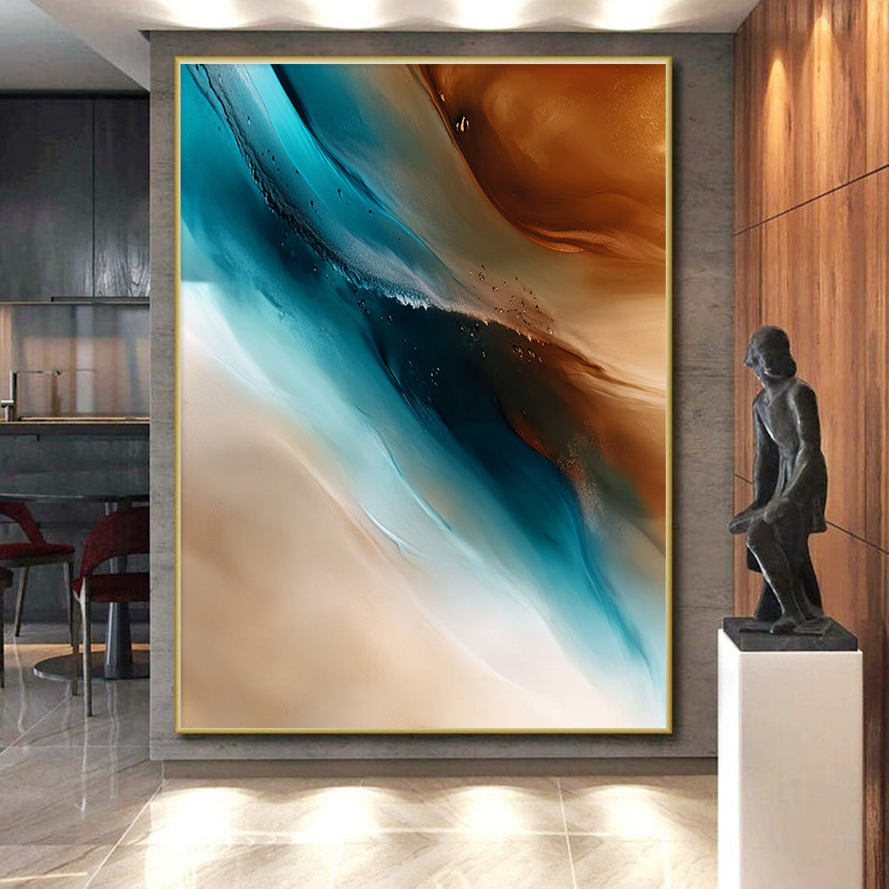 Blue and Brown Abstract Painting with Fluid Motions GER455