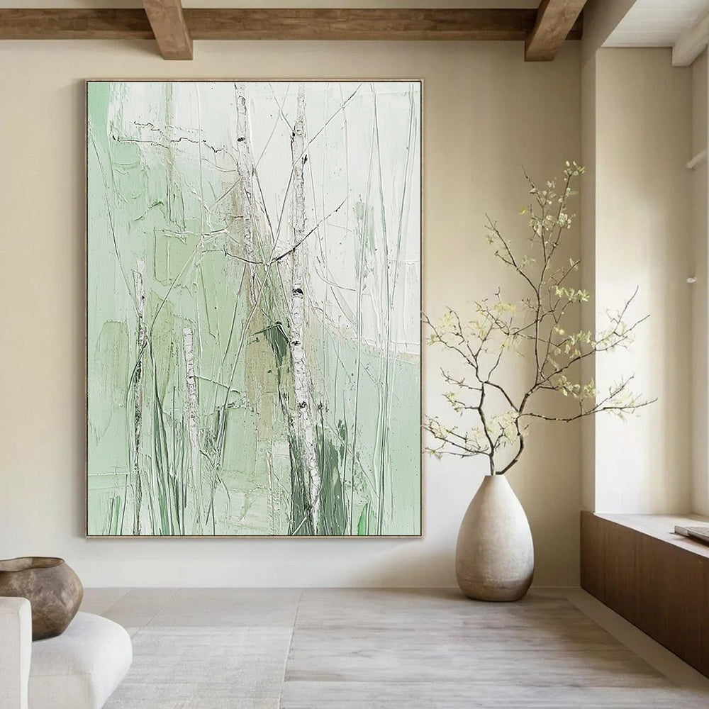 Large abstract painting featuring birch trees and grass in soft greens on a white background with fine details and impasto texture in neutral colors.STSC300