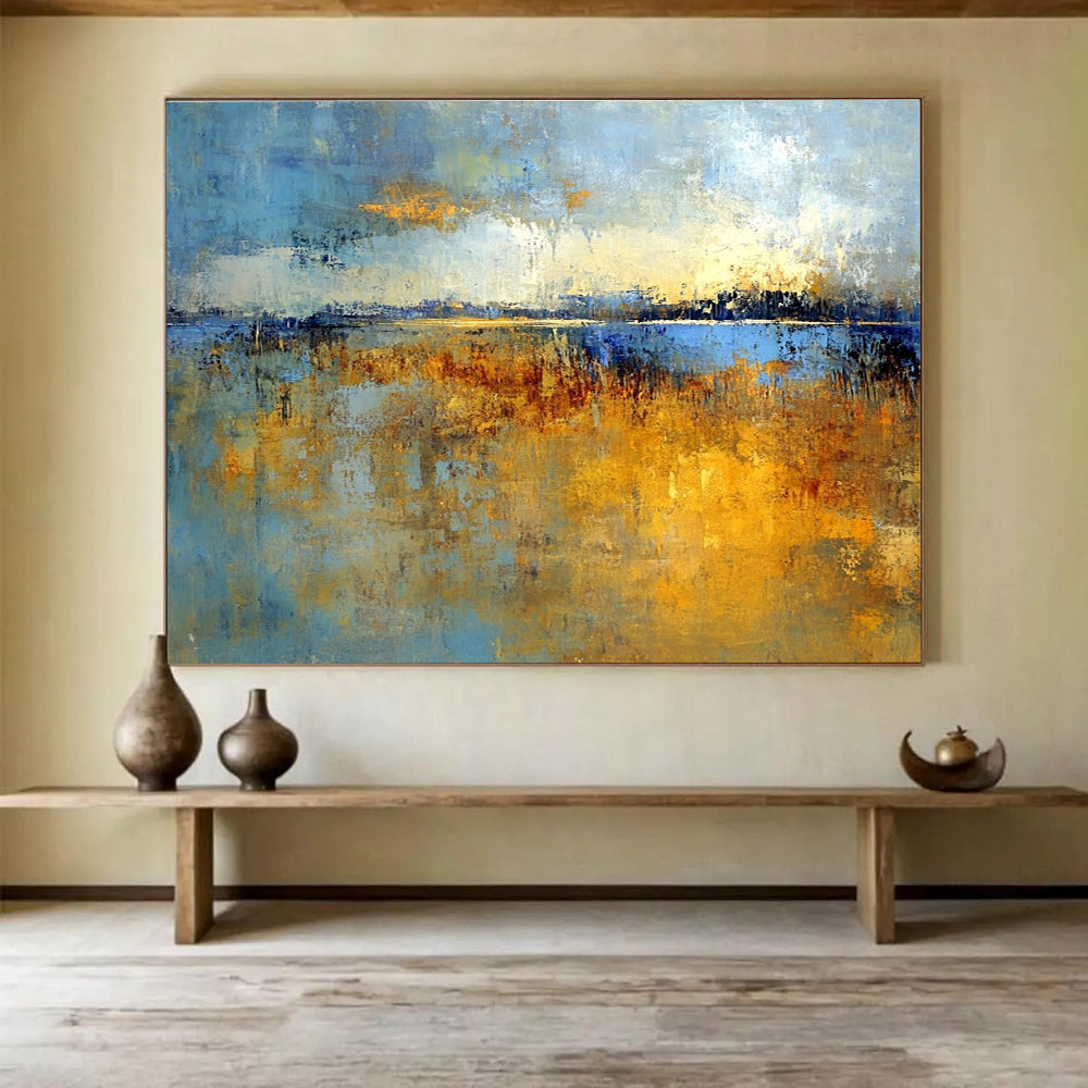 Large abstract painting of marshlands in soft earth tones and blues with gold hints, evoking nostalgia for early mornings in Richard Schmid's style.SC361