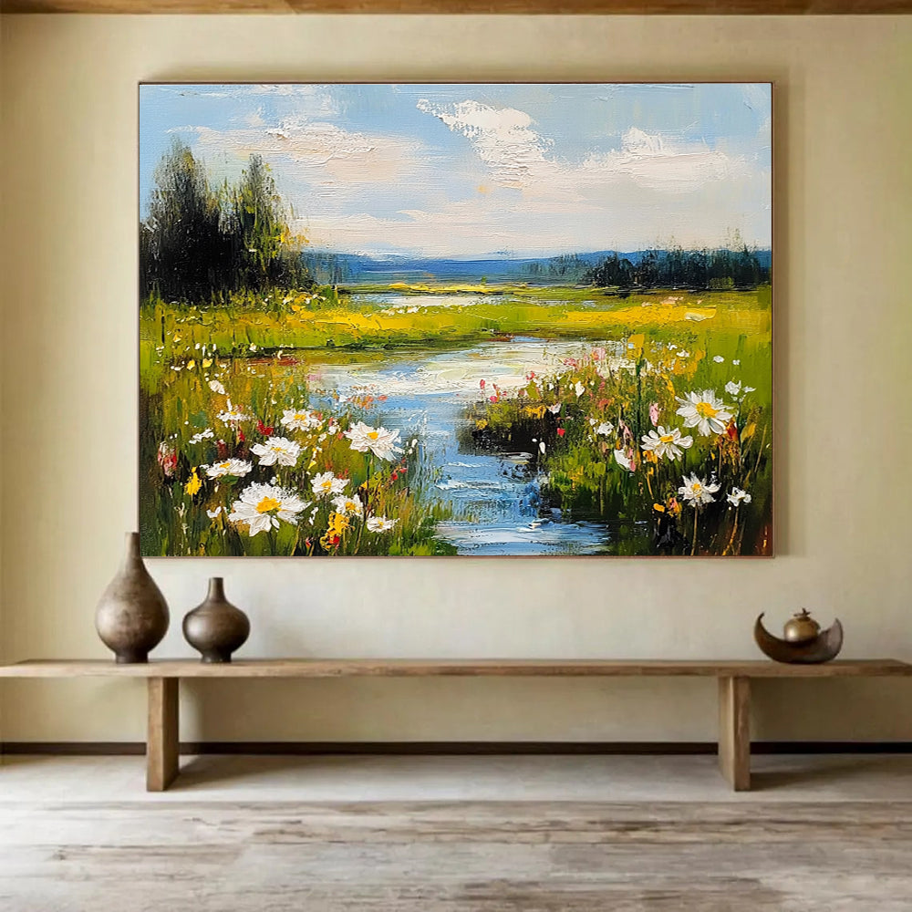 Flower - Filled River Valley Impressionistic Abstract Painting with Bright Colors DYP594