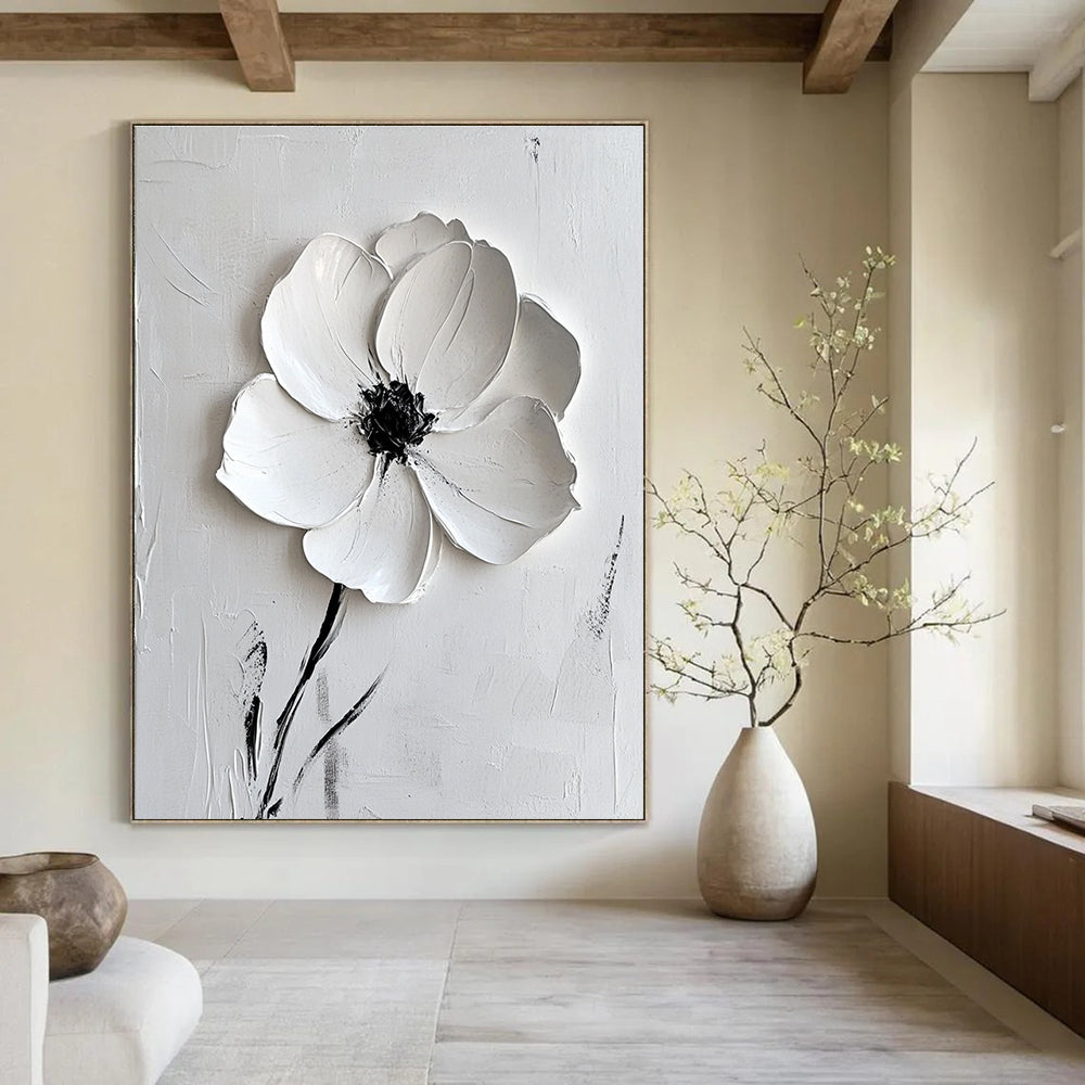 Large abstract white flower painting on canvas with textured brush strokes and elegant minimalist style in white and grey tones.STSC515