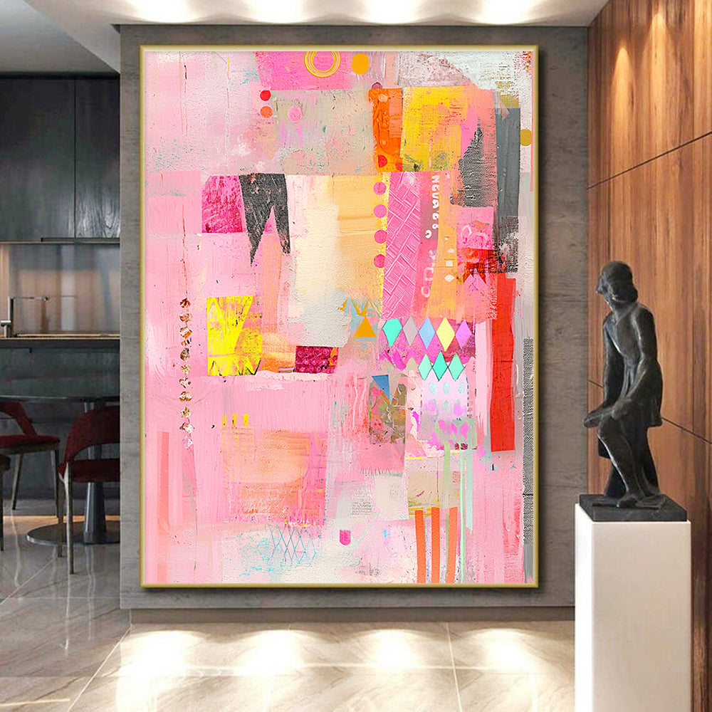 Pink and Colorful Mixed Media Abstract Collage Painting GER200