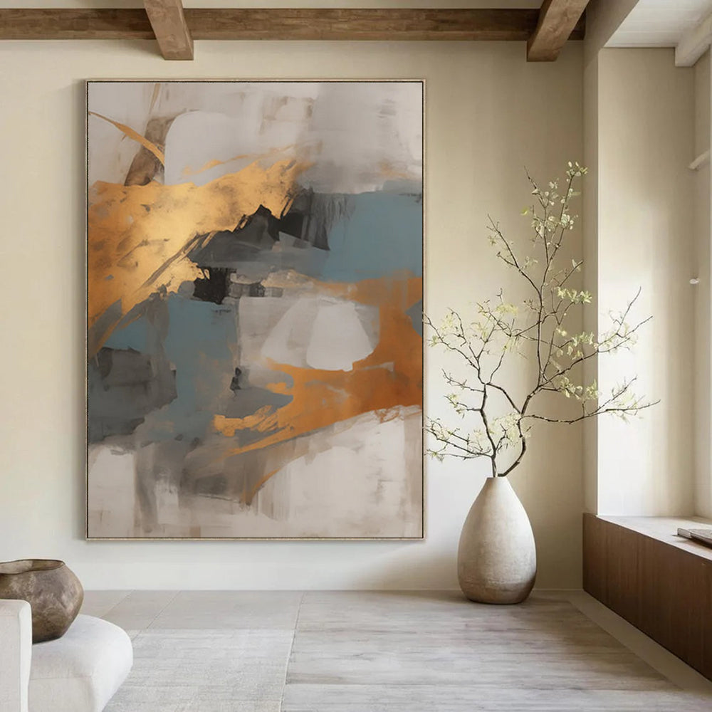 Gold, Blue, and Gray Abstract Painting with Dynamic Shapes ADGE136