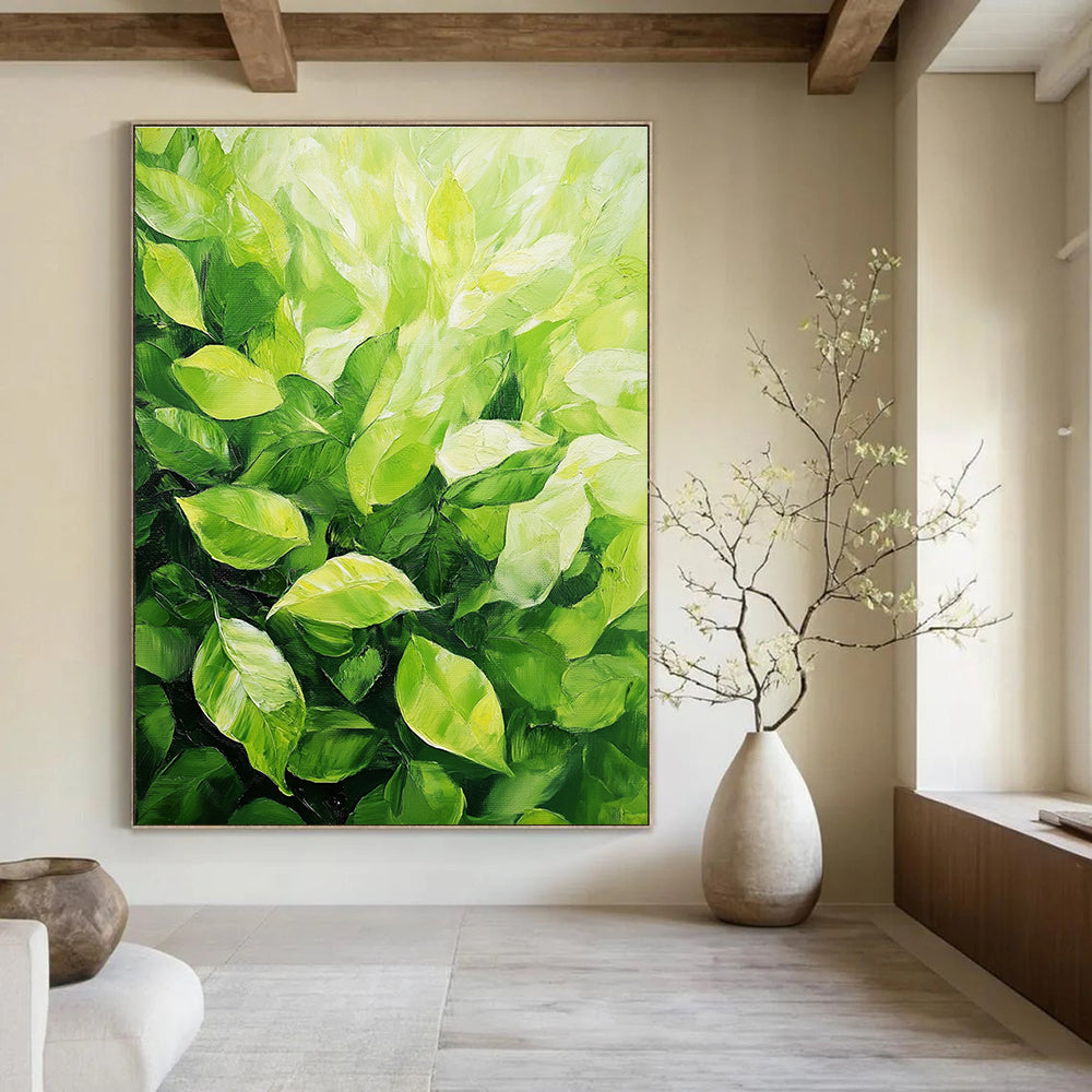 Large abstract painting featuring lush green leaves with vibrant colors and expressive brushstrokes capturing the tranquility of nature.STSC1032