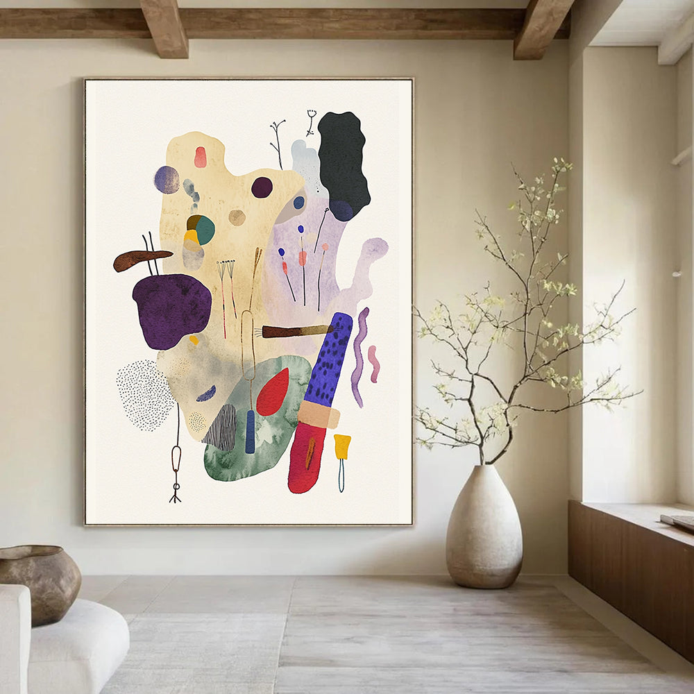 A large abstract watercolor and ink illustration featuring whimsical objects in muted pastel tones and playful textures on a textured paper background.STSC1238