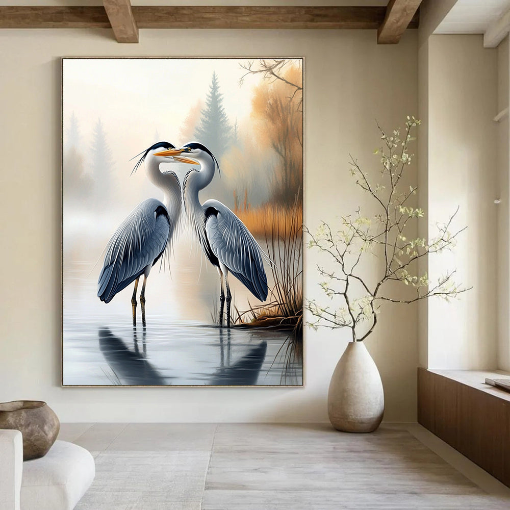 A large abstract painting featuring two herons on water's edge with a misty forest background showcasing realistic detail and serene beauty.STSC1451