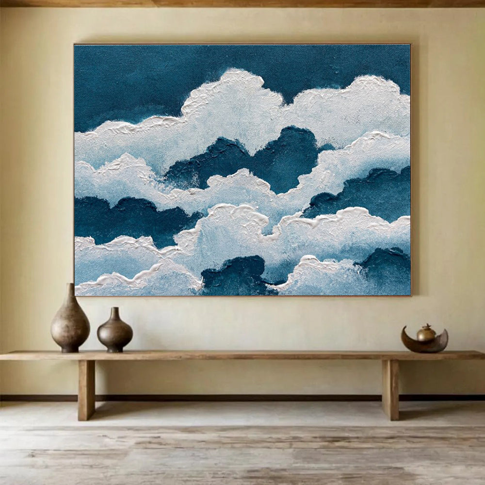 Blue White Cloud Abstract Painting with Textured Sky Forms THY364