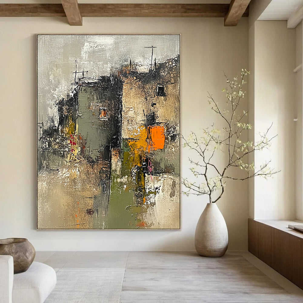 Large abstract painting of an old town with neutral grays greens beige orange and pink accents featuring loose brush strokes and a wabi-sabi aesthetic.STSC659