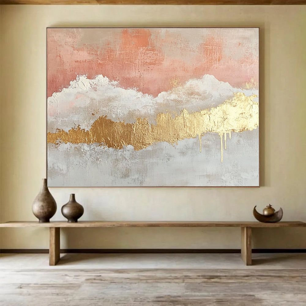Large abstract painting featuring gold foil light pink and white clouds beige watercolor thin lines and gold leafing on canvas.SC236