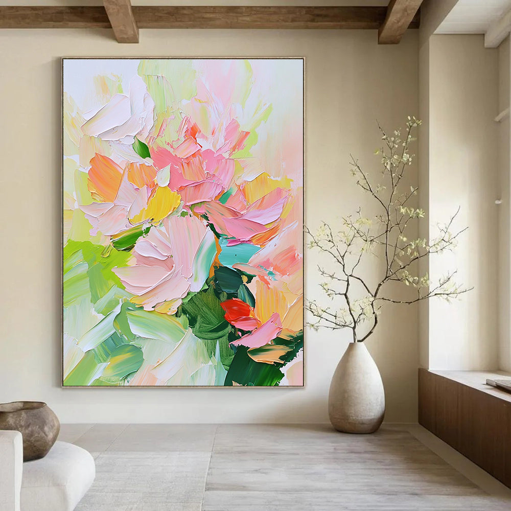 Large abstract painting of spring flowers in soft pastel colors with thick palette knife strokes of pink and green.STSC700