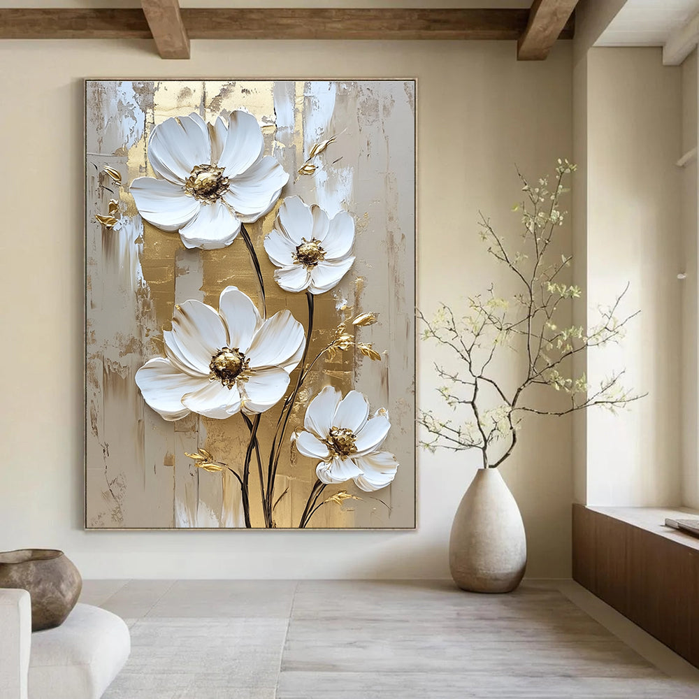 Abstract white daisy flowers with gold accents on a textured background create a stunning wall art painting that elevates any space.STSC510