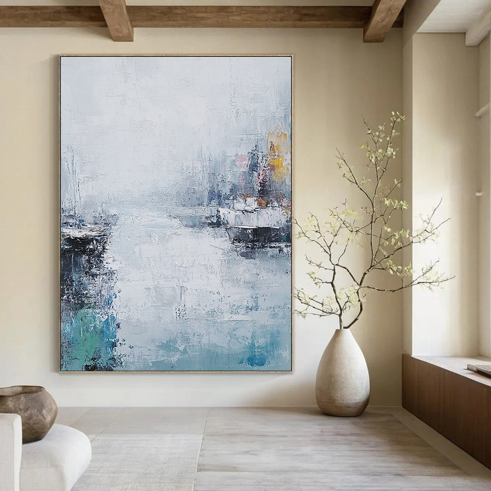 Large abstract painting of the sea featuring muted colors thick brush strokes and a vintage coastal cityscape under a foggy sky.STSC199