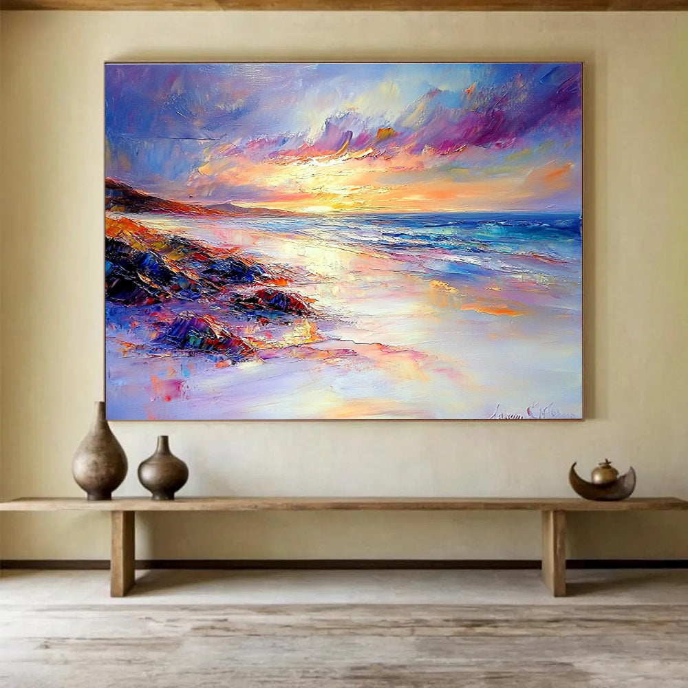 A large abstract painting portraying a tranquil beach sunset with vibrant colors soft lighting and rich details capturing the essence of Impressionism.SC522