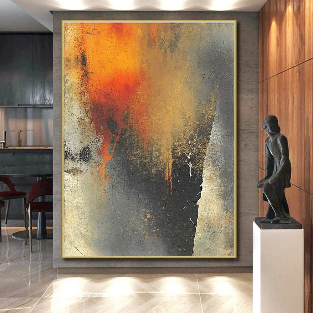 Orange Gray Textured Abstract Painting with Evocative Layers GER807