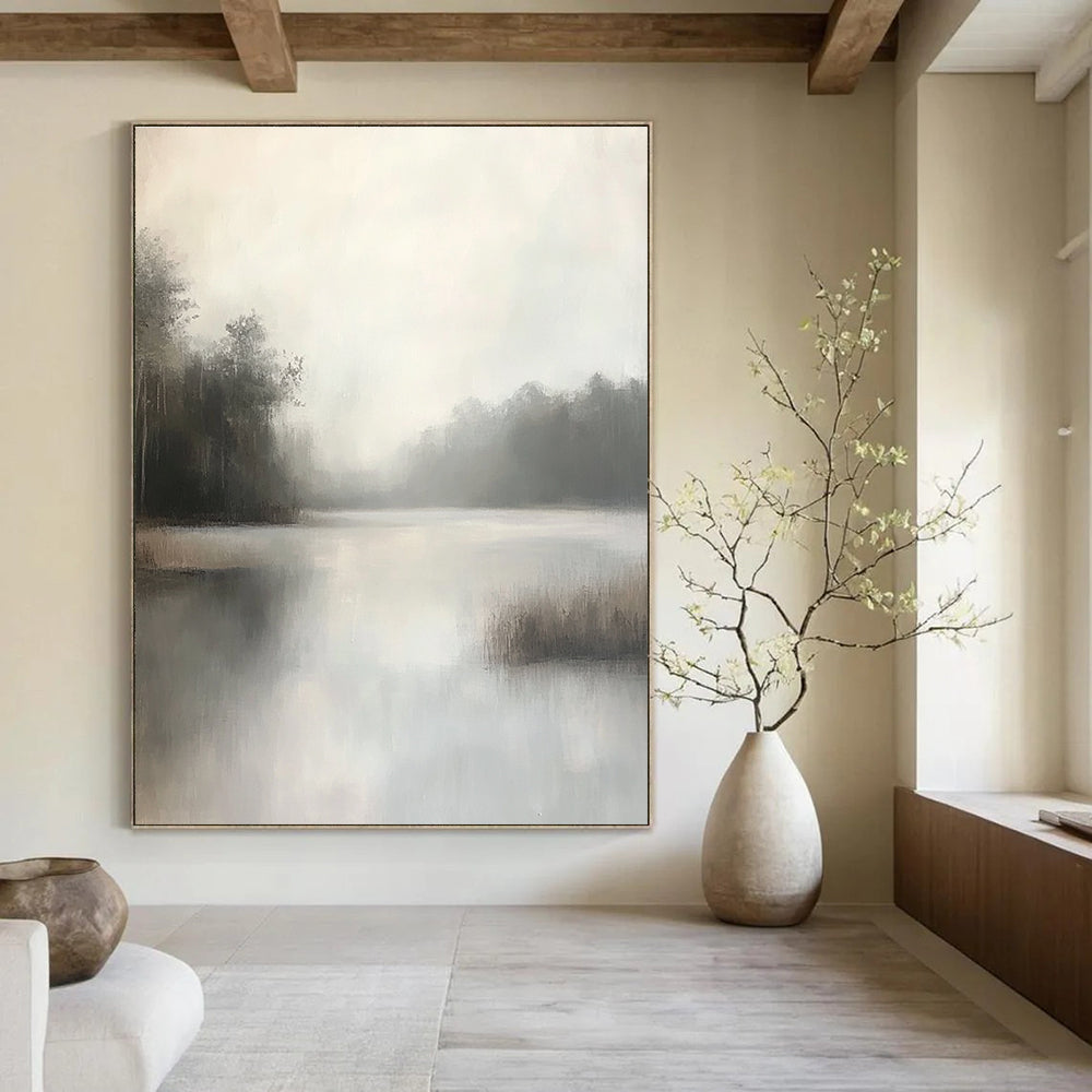 Large abstract painting capturing a misty bayou with muted grey and white tones featuring soft brushstrokes and detailed foliage in a minimalist style.STSC1100