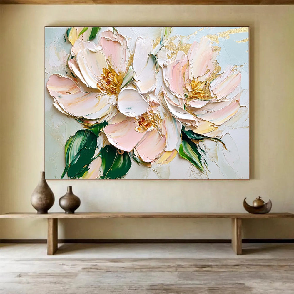 Large abstract oil painting featuring light pink and white flowers with green leaves and gold accents in a thick brushstroke palette knife style.SC123