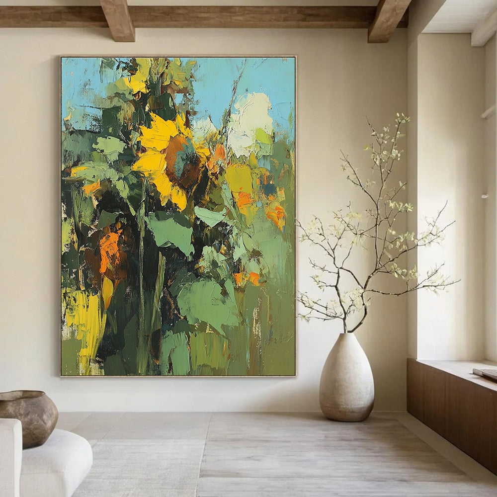 Large abstract painting of sunflowers featuring blurry details and rough brushstrokes in a colorful high resolution format.STSC335