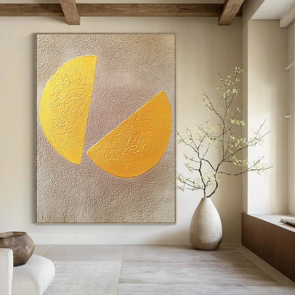Abstract painting featuring two yellow semi-circular shapes on a textured gray background showcasing minimalist artistry and contemporary appeal.STSC1456