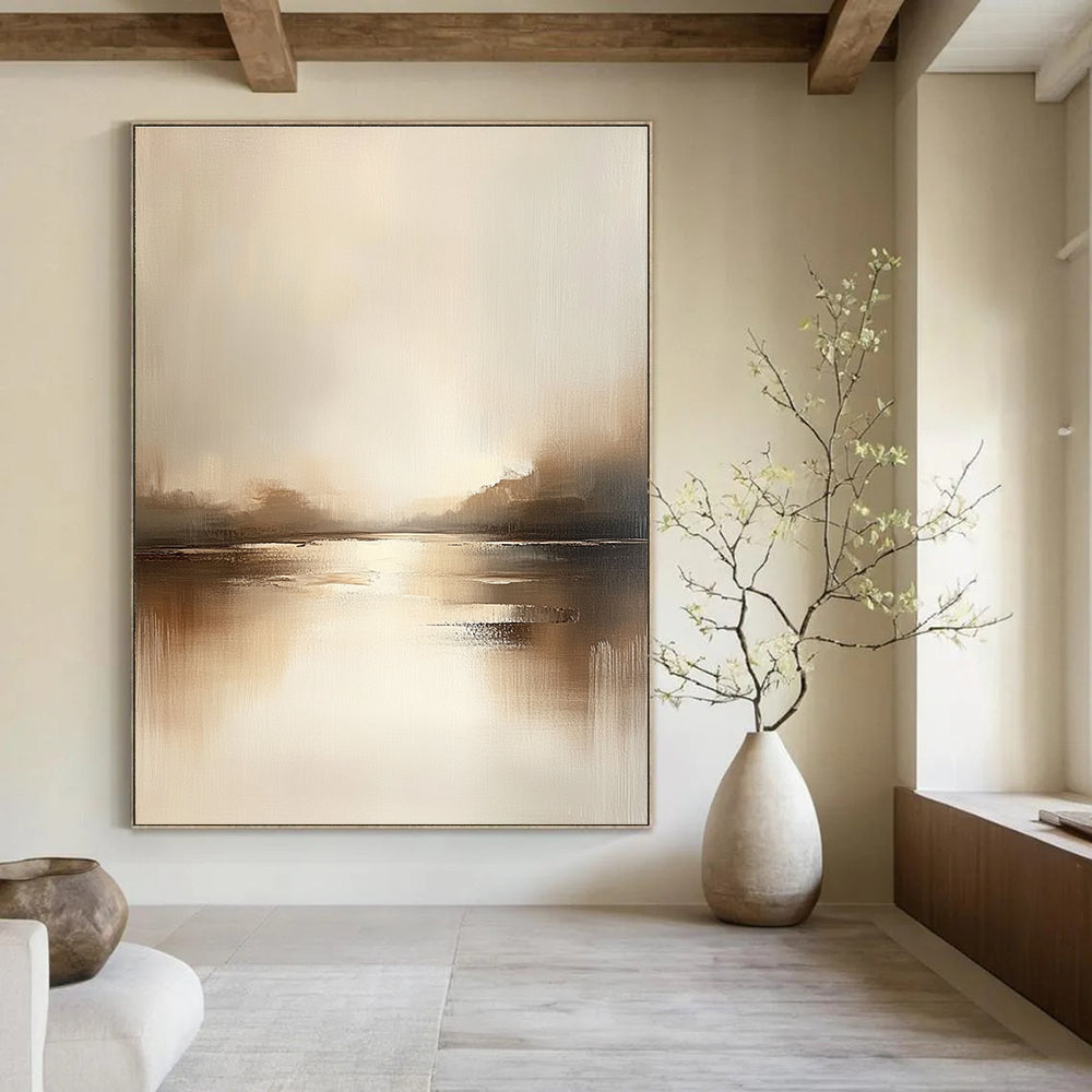 Large abstract painting featuring a serene lake in muted tones of beige and gray with soft edges and minimalist style, evoking tranquility and calmness.STSC091