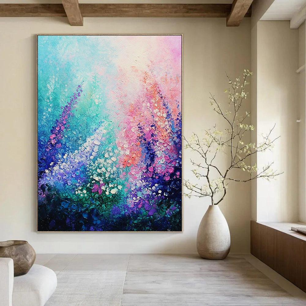 A large abstract painting of an underwater garden featuring glowing coral and vibrant flowers against a soft pastel sky in impressionist style.STSC847