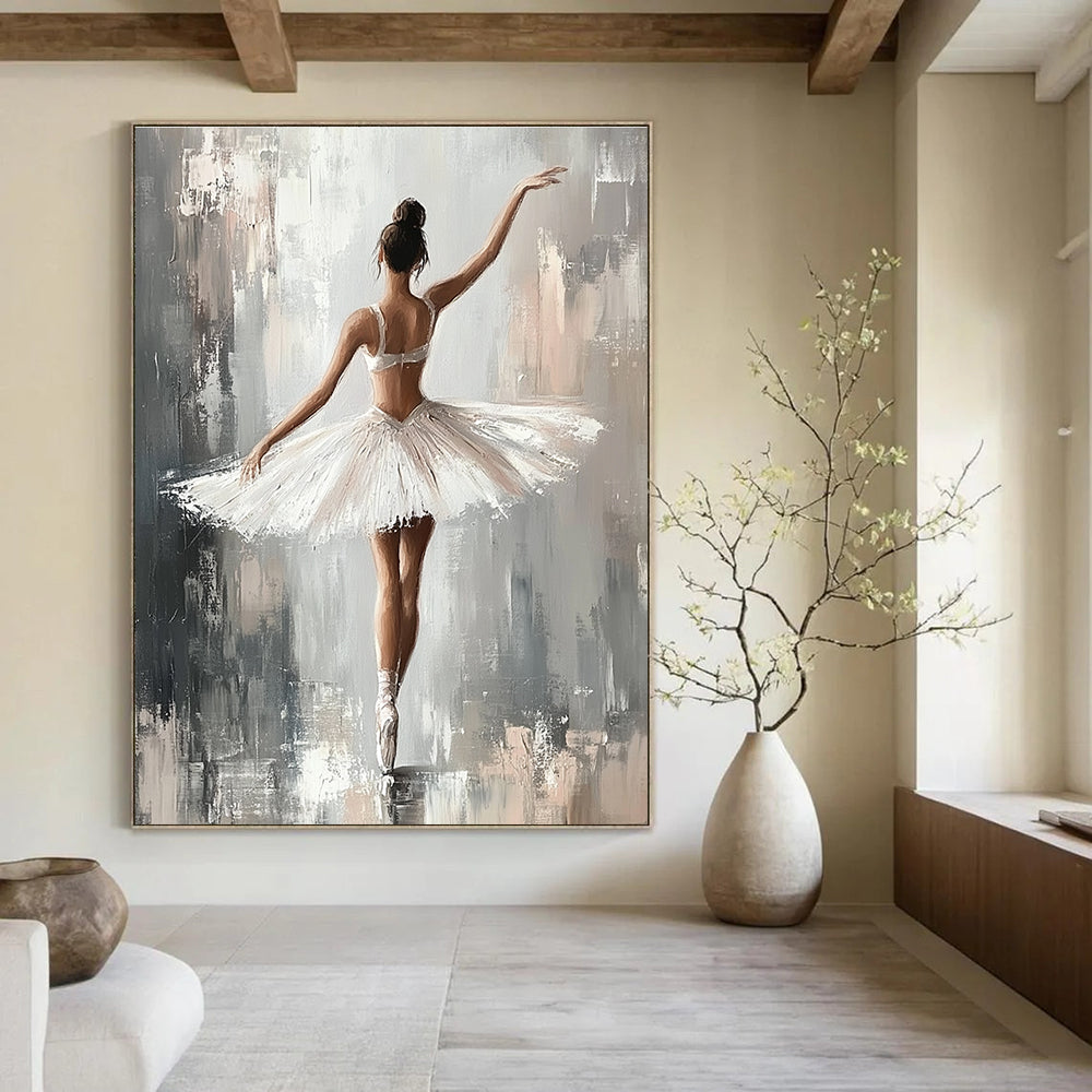 Large abstract painting of a ballerina in a white tutu with soft brush strokes on a grey background featuring a neutral color palette and canvas texture.STSC1380