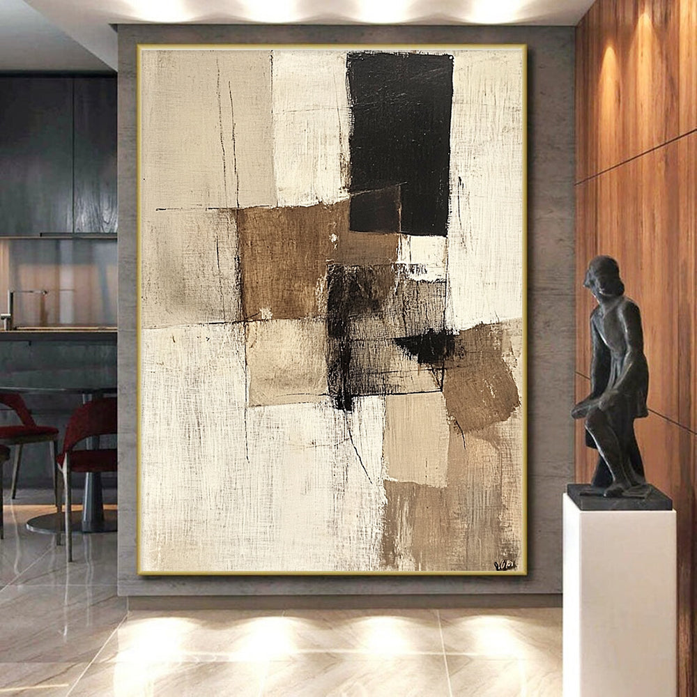 Beige Black Minimalist Abstract Painting with Subtle Lines GER774