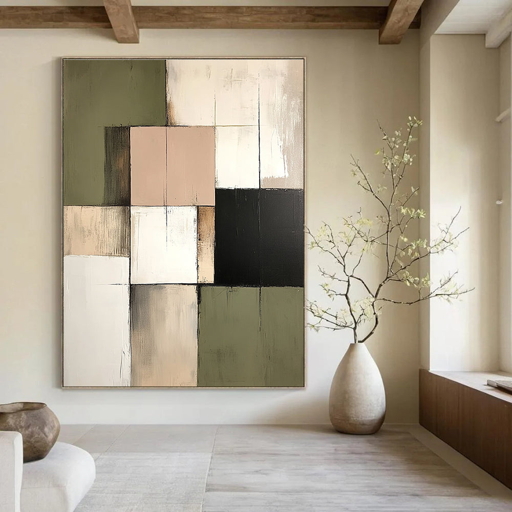 Large abstract painting in neutral tones of cream sage green and muted pink reflecting an architectural landscape feel.STSC765