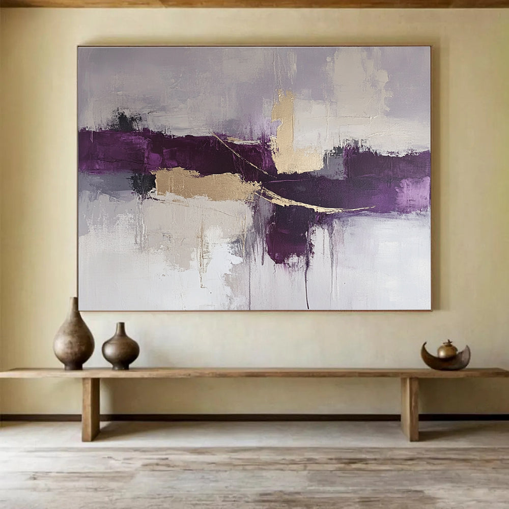 Large abstract painting in purple and gray tones with beige accents featuring thick loose brush strokes for a dynamic artistic expression.SC088