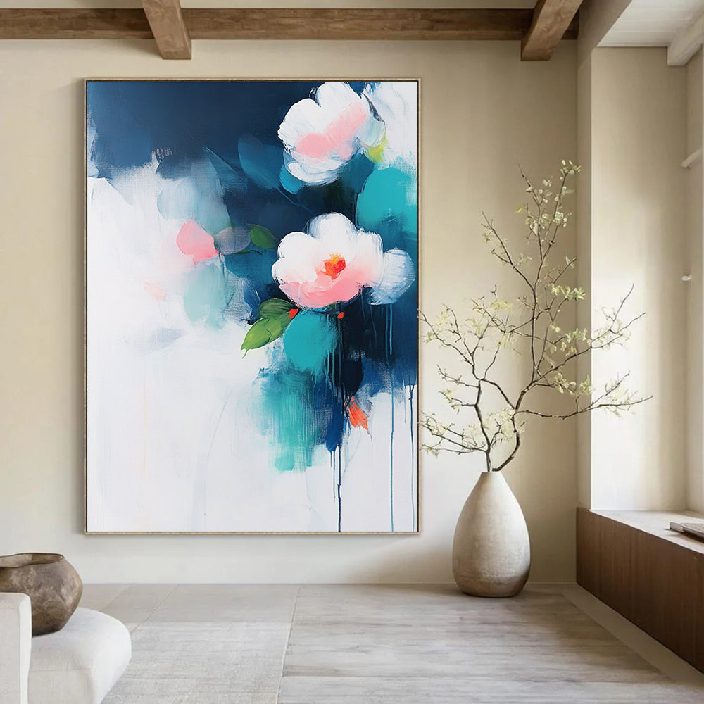 Abstract painting on a white background with teal and pink accents featuring flowers and green leaves in soft atmospheric edges.STSC375