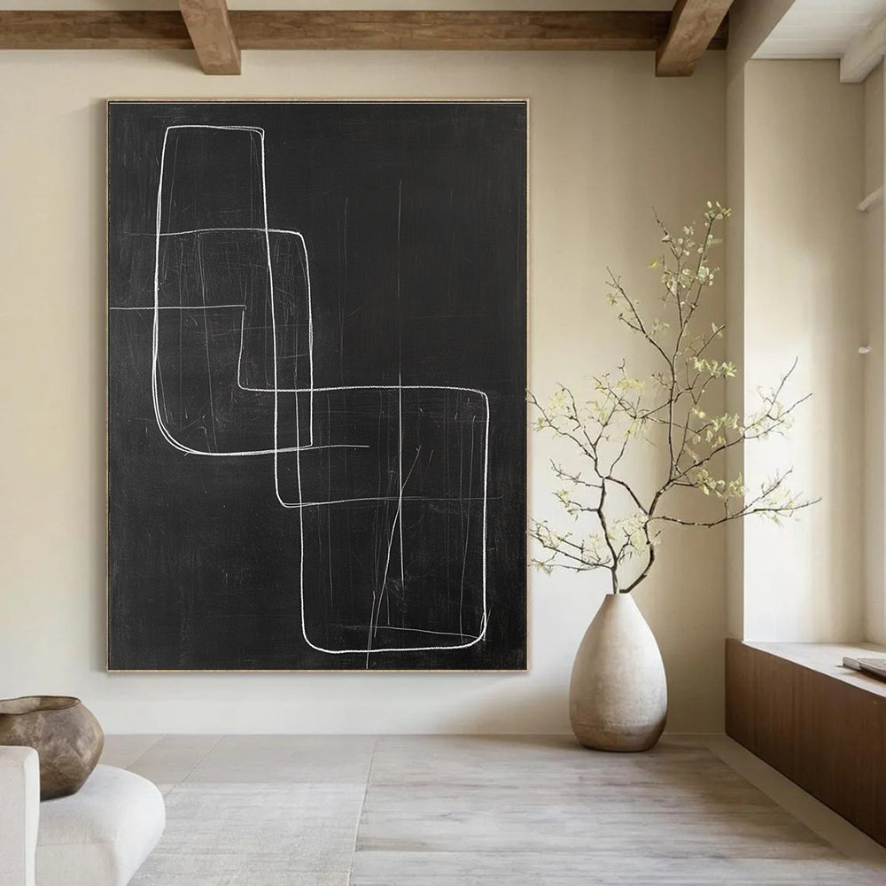 Large abstract drawing featuring a square and an abstract chair in white lines on black paper, minimalist style with a dark background.STSC1185