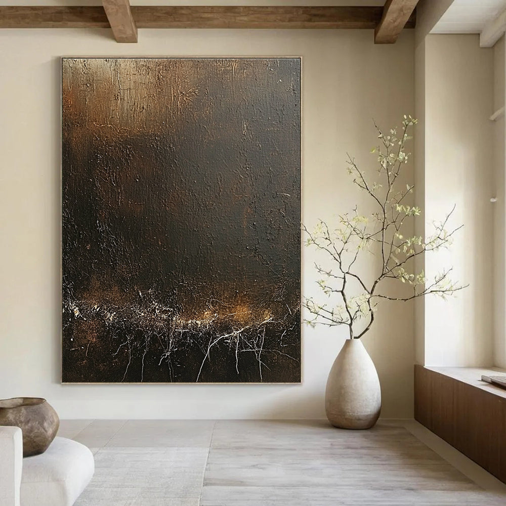 Large Abstract Artwork Featuring Dark Brown Canvas With Textured White Cracks And Soft Warm Lighting Perfect For Creating An Atmosphere Of Timeless Mystery.STSC1429