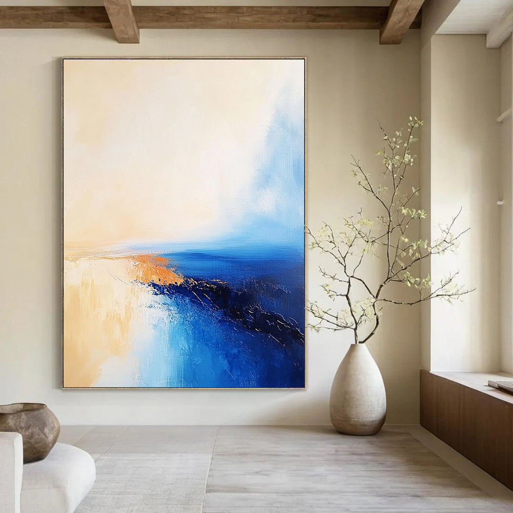Large Abstract Oil Painting of the Sea in Blue and Beige with a Golden Sunset Horizon. Perfect for enriching any living space.STSC599