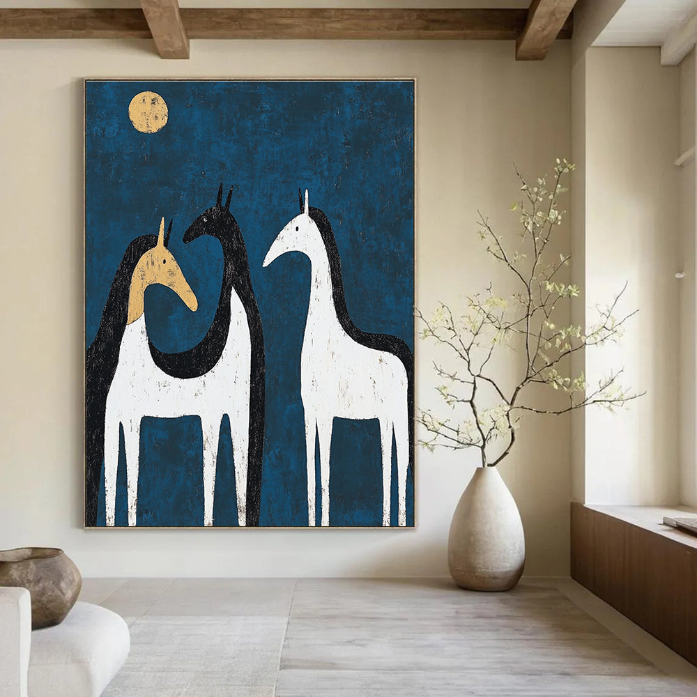 Abstract painting of three black and white horses in moonlight with a hint of yellow on one back, featuring minimalist shapes and textures.STSC072