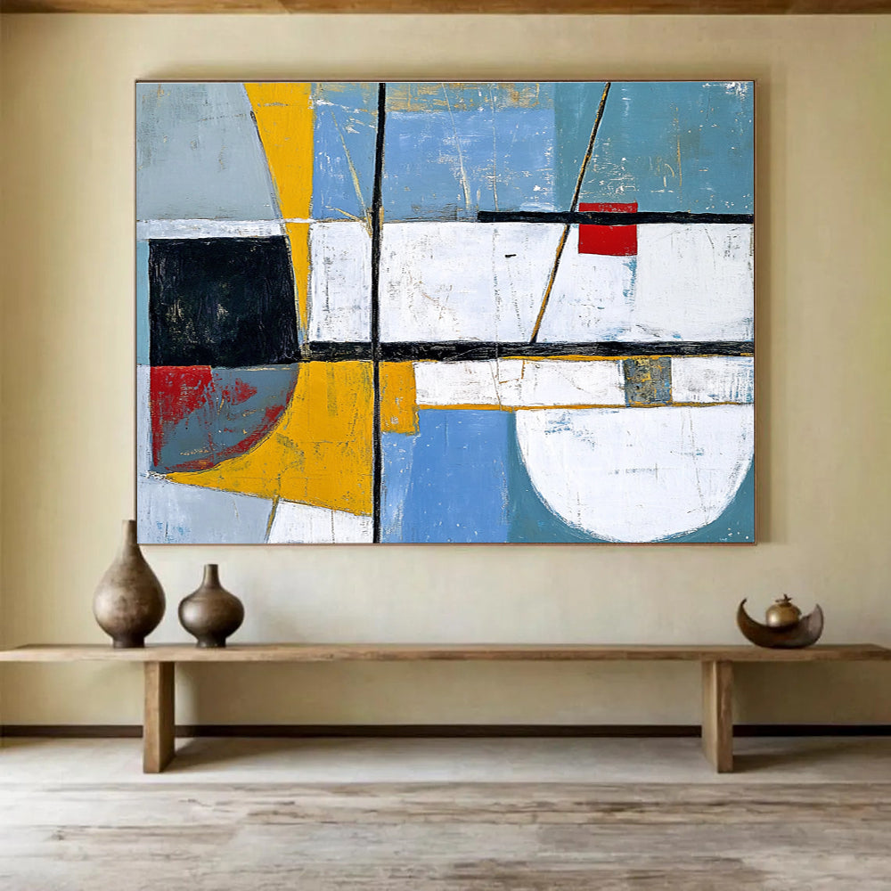 An abstract painting featuring white, blue, and grey shapes enhanced with yellow and red accents in the style of Paul Cézanne.SC391