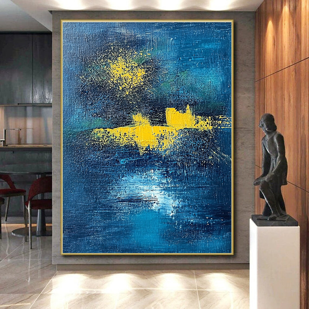 Dark Blue and Yellow Abstract Painting with Ethereal Glows GER394