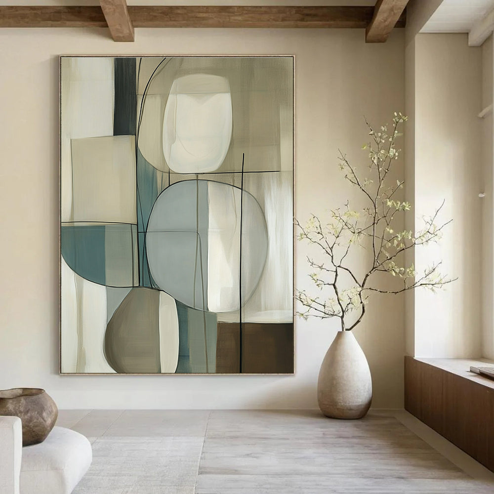 Large abstract painting with geometric forms in soft beige and cream shades featuring smooth textures and elegant negative space.STSC1321