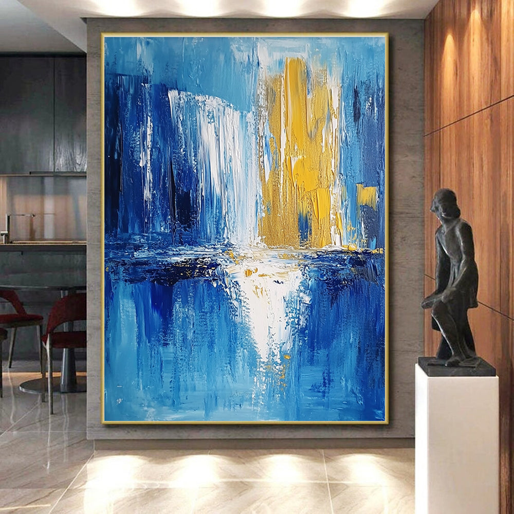 Blue and Gold Abstract Painting with Reflective Motifs GER390