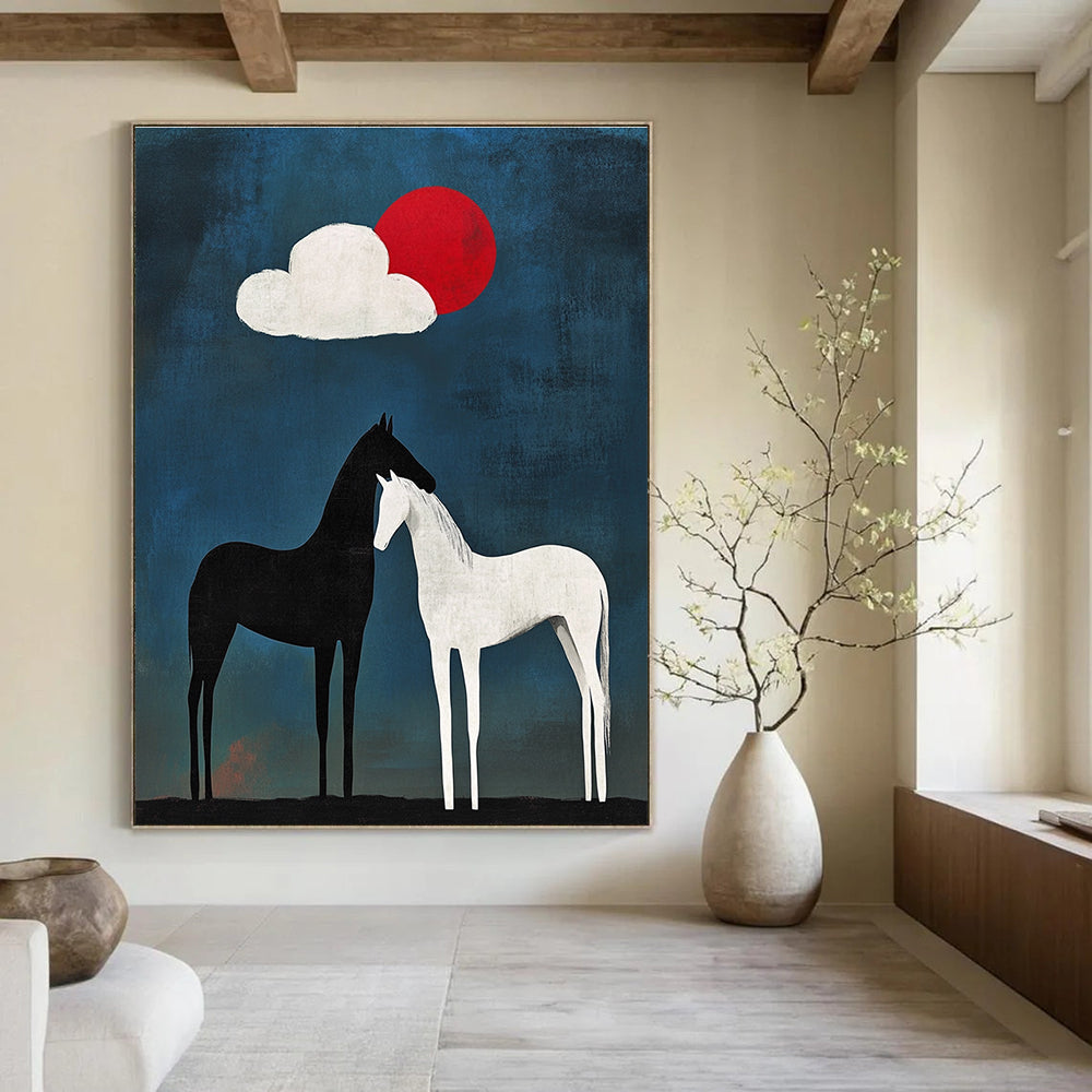 Large abstract painting featuring a black horse with white legs and tail beside another horse under an egg-shaped cloud against a blue background with a red sun.STSC916