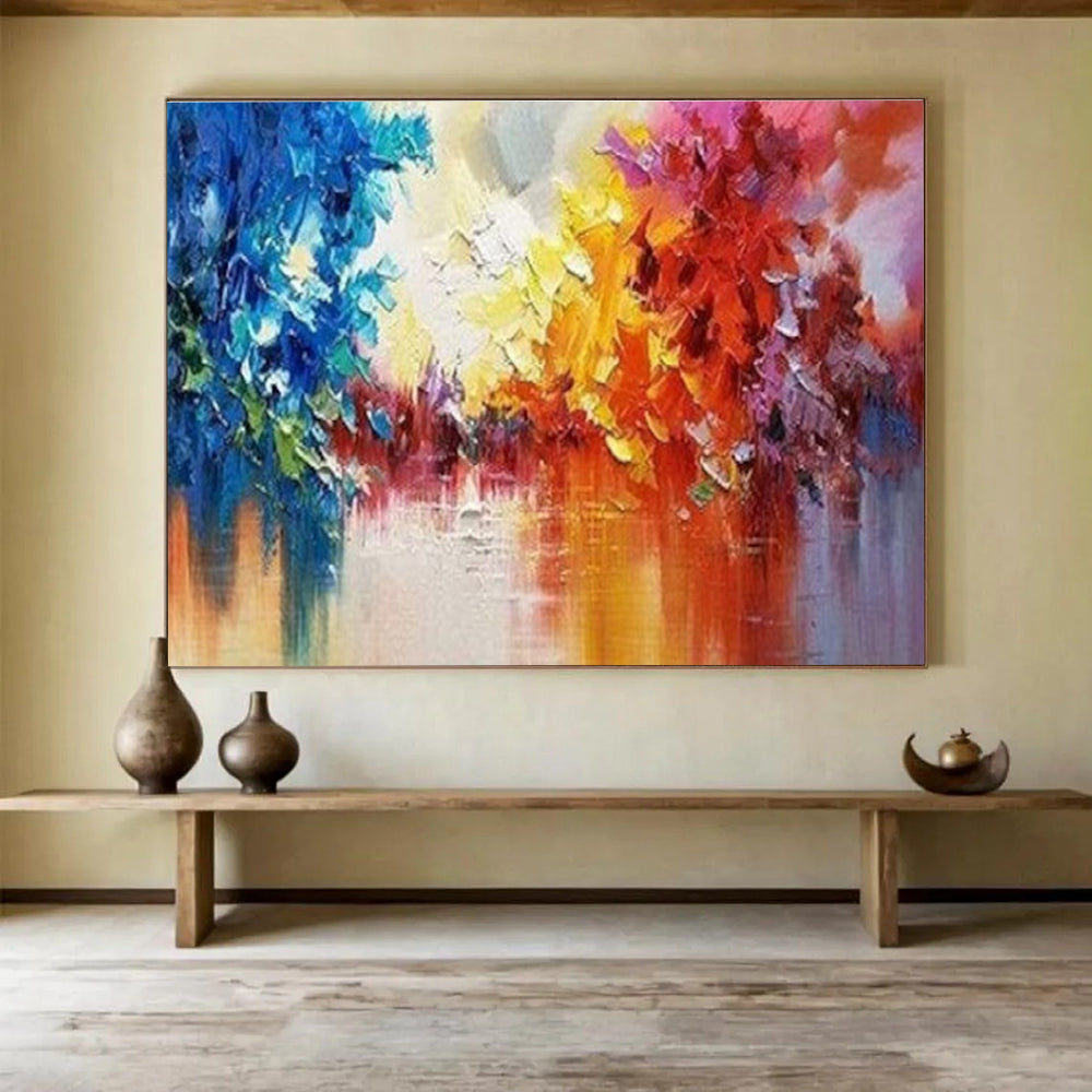 Colorful Tree Reflection Abstract Painting with Blue, Yellow, Red, and Purple Hues THY186