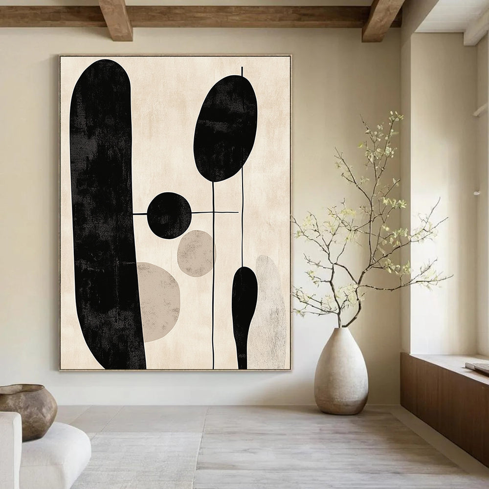 Large abstract artwork features minimalist black and white line art against a beige background with muted colors.STSC1330