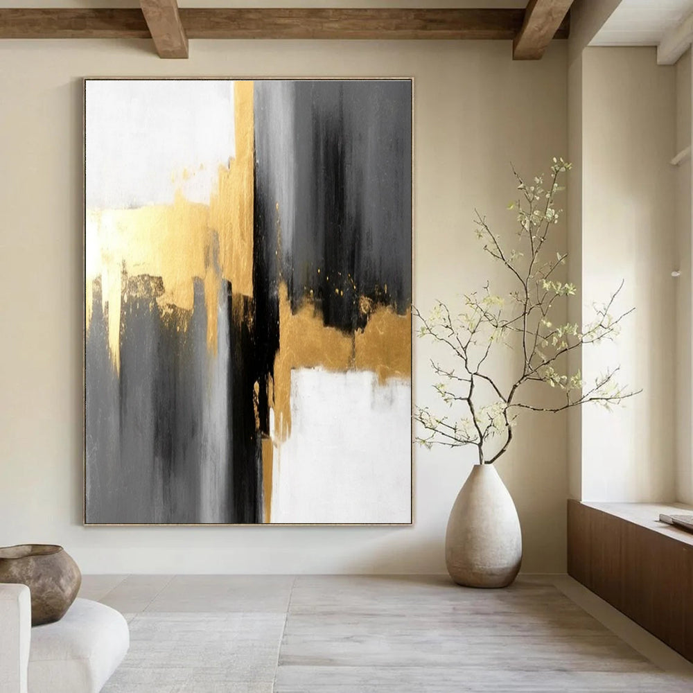 Gray Gold and White Abstract Painting with Sophisticated Layers ADGE076