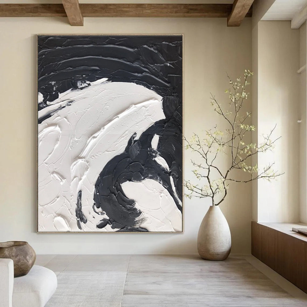 Black and White Swirl - Textured Abstract Painting with Bold Strokes ADGE393