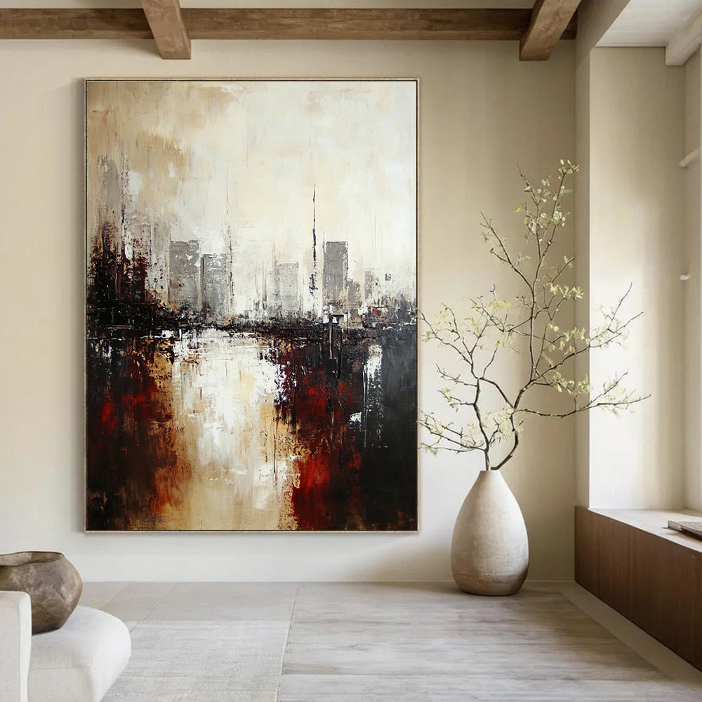 Large abstract oil painting of an industrial cityscape featuring neutral tones with brown and gray accents for an atmospheric effect.STSC148