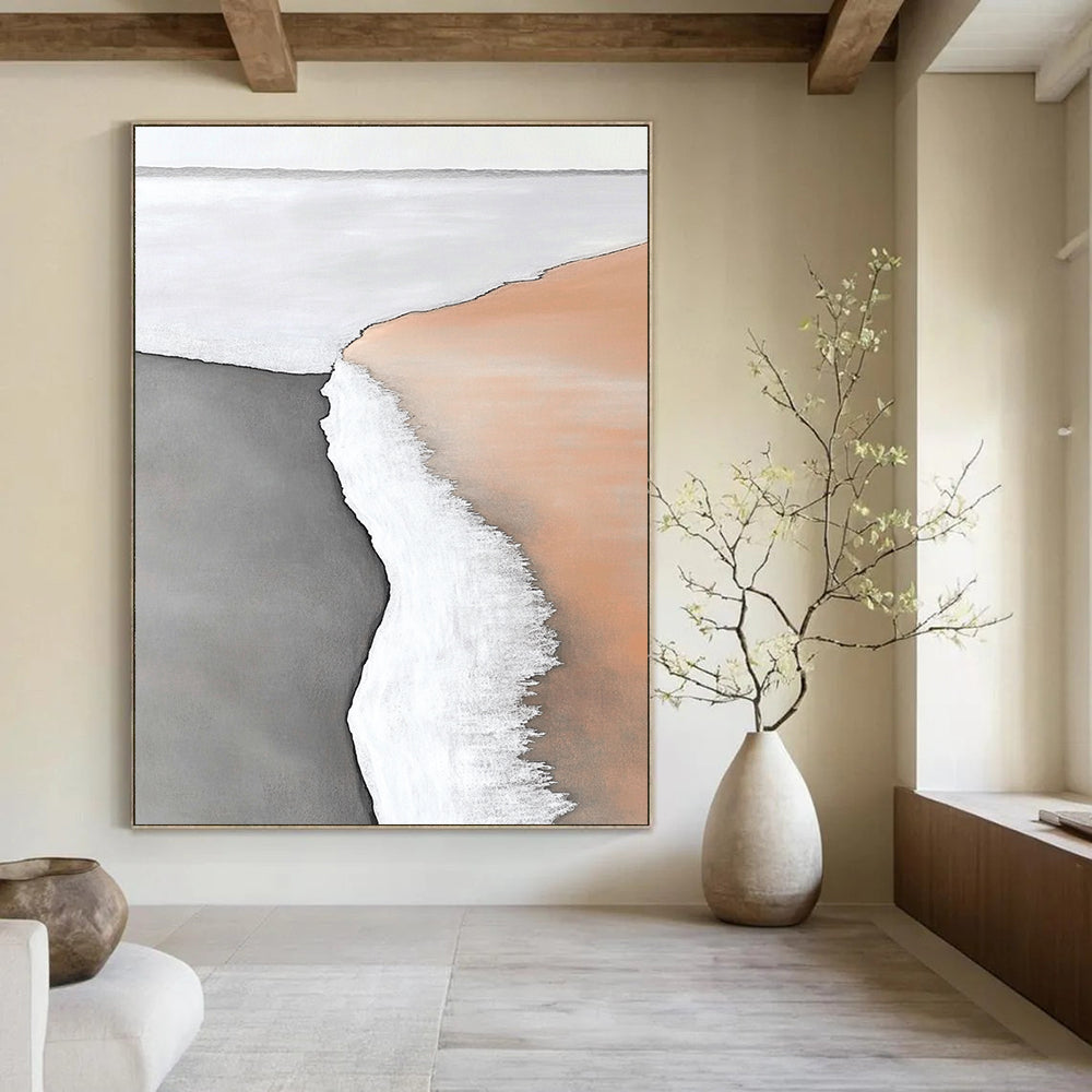 Abstract painting capturing the serene boundary of water and land with white sand and subtle hues of light orange and brown in a minimalistic style.STSC550