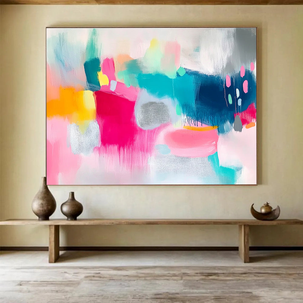 Large abstract painting featuring vibrant pink and teal shapes on a white background with bold brush strokes and shimmering silver foil accents.SC215