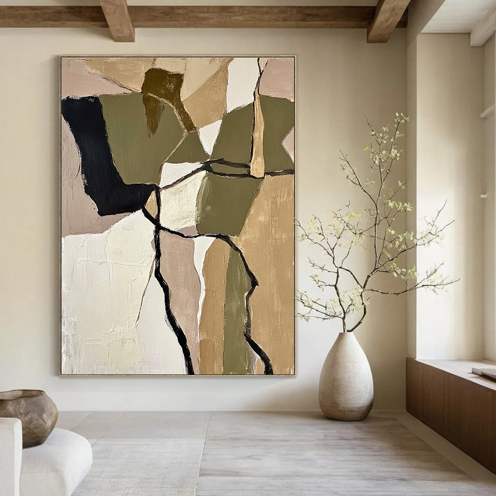 Large abstract painting featuring textured beige and olive green shapes inspired by Robert Motherwell evoking calmness through earthy tones and organic forms.STSC844